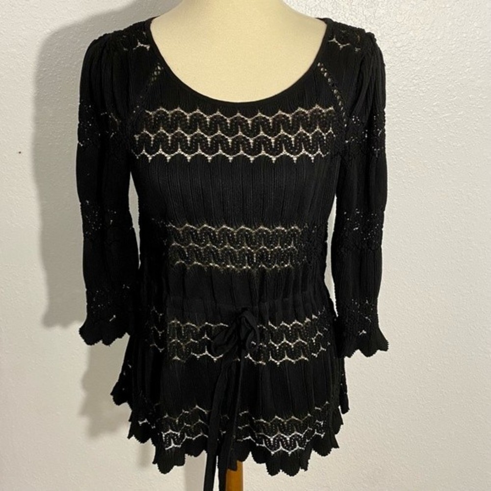 Free People Fire Island Top Women's Size M Black Open Knit 3/4 Sleeves